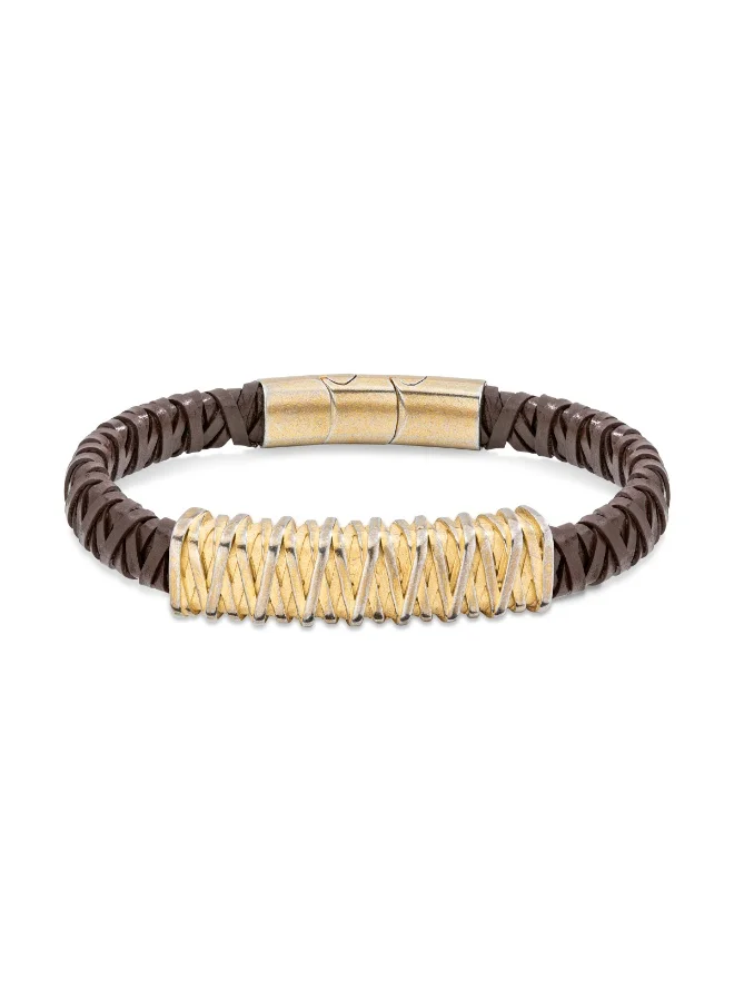 POLICE Barbed wire Antique Gold and Brown Leather Bracelet for Men 20mm